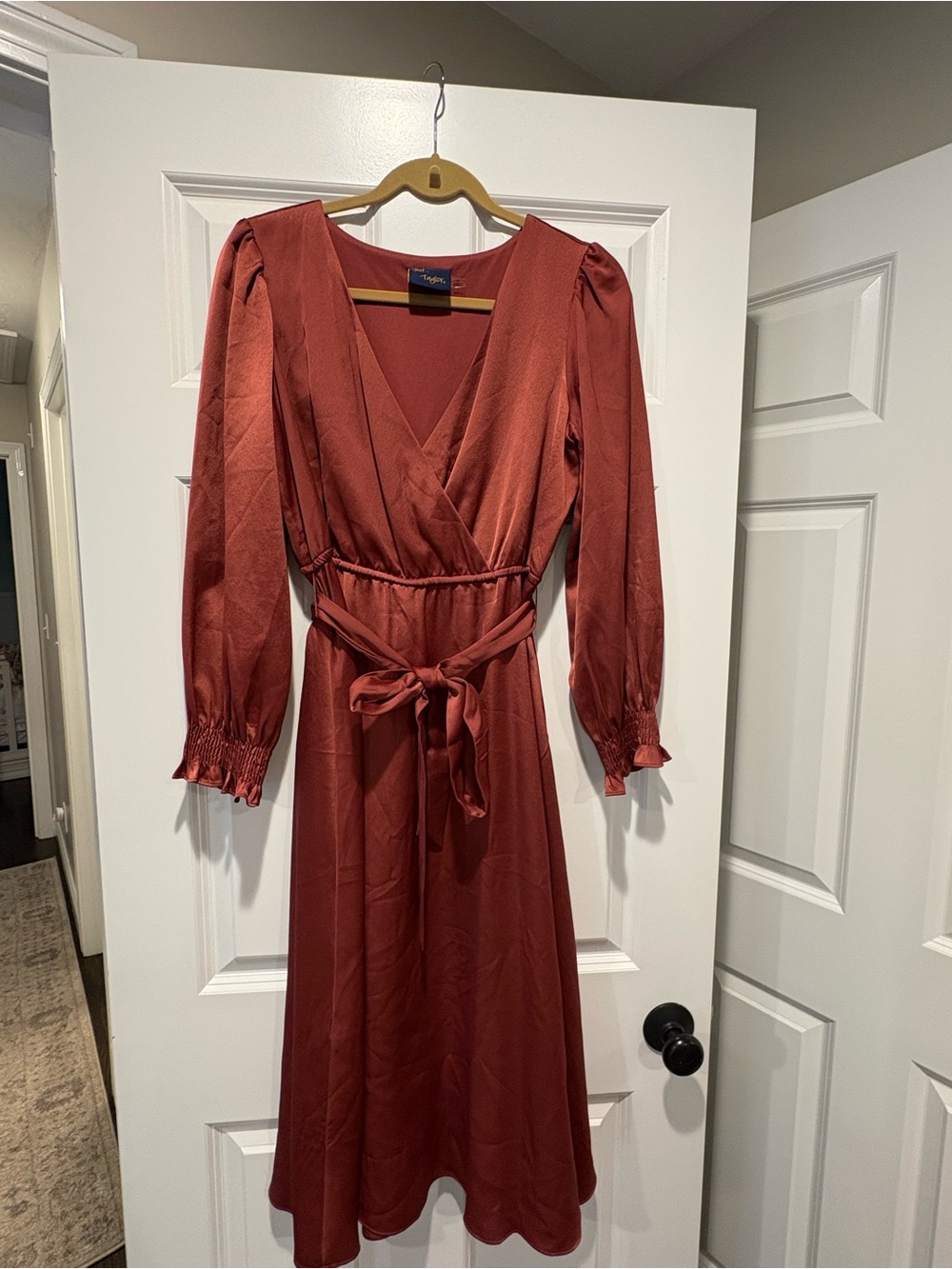 Just...Taylor Rust Red Wrap Midi Dress with Tie Waist